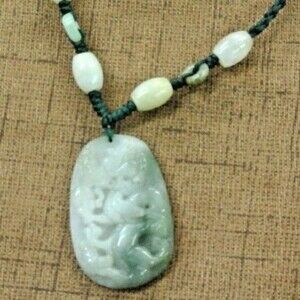 Carved Green Jade Dragon & Bead Rope Necklace 22"